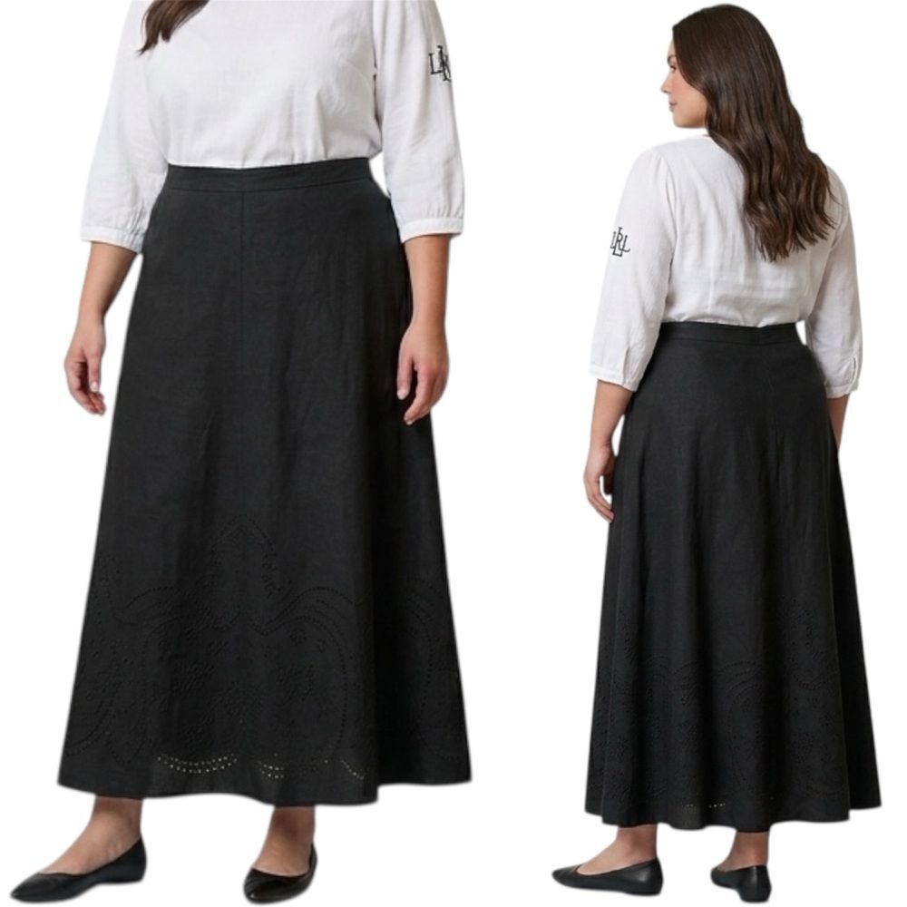 L..R.L A-line Skirt Womens Sz 16W Eyelet Black Linen Cotton Embroidered Hem